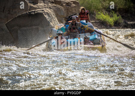 Les hommes et les femmes du rafting sur la rivière Verte se précipiter à Desolation Canyon, Utah, USA Banque D'Images