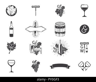 La production de vin icons set. Winery, boutique de vins, vignobles badges collection. Retro verre symboles. Design monochrome des illustrations. Emblèmes du stock et des pictogrammes isolé sur fond blanc Banque D'Images