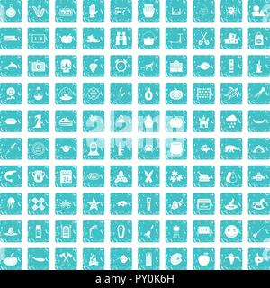 100 vacances d'automne icons set bleu grunge Illustration de Vecteur