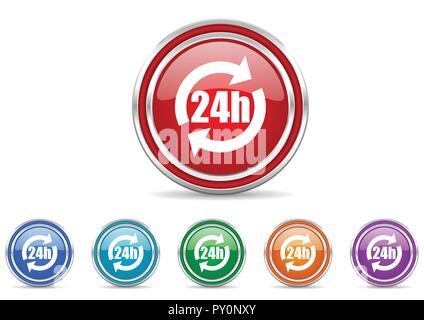 24h couleur argent métallique et d'un téléphone mobile web vector icon set Illustration de Vecteur