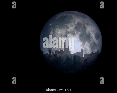 Silhouettes de la ville reflète la lune. Banque D'Images