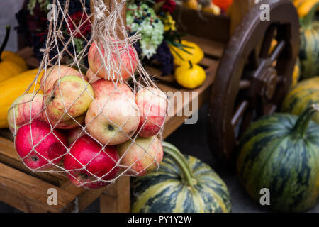 Chariot en bois avec des fruits d'automne. La chasse d'automne festival est un vieux panier avec les potirons, les pommes, les raisins et les prunes. La conception de paysage dans le style du pays pour la saison d'automne Banque D'Images