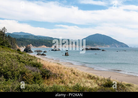 Un littoral rocheux calfornia avec brouillard enveloppant les collines au loin. Banque D'Images