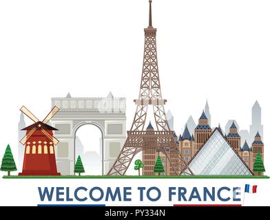 Bienvenue en france landmarks illustration Illustration de Vecteur