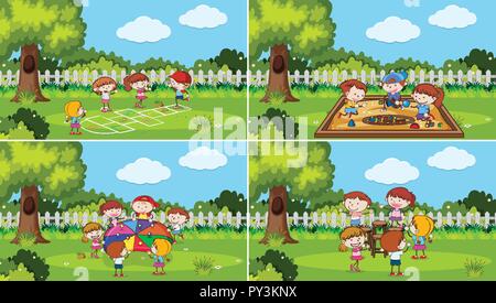 Un ensemble d'enfants qui jouent à l'illustration du parc Illustration de Vecteur