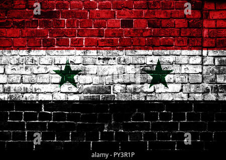 Drapeau national de Syrie sur une brique arrière-plan. Image Concept pour la Syrie : la langue , les personnes et la culture. Banque D'Images