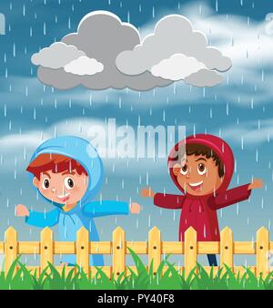 Deux enfants jouant dans la pluie illustration Illustration de Vecteur