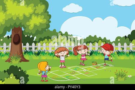 Les enfants jouent à la marelle dans le parc illustration Illustration de Vecteur