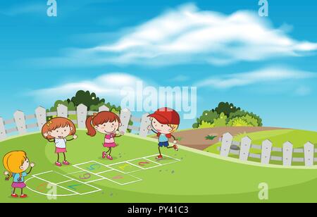 Enfants jouant hop scotch à l'illustration de jeux Illustration de Vecteur