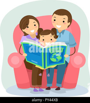 Illustration de Stickman Kid assis avec les parents La lecture d'un livre de géographie Banque D'Images
