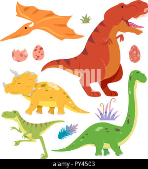 Illustration des différents types de dinosaures Tyrannosaurus rex, Brontosaurus, Ptérodactyle, tricératops et Aphrodite avec des oeufs et des plantes Banque D'Images