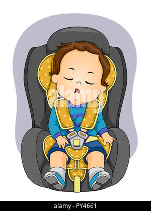 Illustration d'un enfant garçon enfant dormir dans la voiture portant la ceinture de siège Banque D'Images