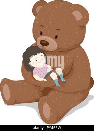 Illustration d'un enfant fille enfant dormant dans les bras d'un ours en peluche Banque D'Images