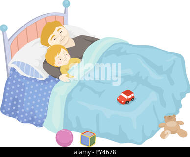 Illustration d'un enfant garçon endormi avec son père sur le lit Banque D'Images