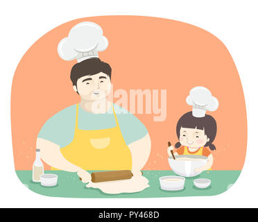 Illustration d'un enfant fille et Papa portant un tablier et chapeau Chef Ensemble de cuisson Banque D'Images