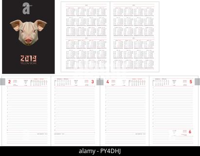 Modèle de mise en page de Planificateur quotidien pour l'année 2019 avec le cochon. Bureau Design livre avec les modèles de page, les données personnelles et les données de calendrier sur 2018, 2019 Illustration de Vecteur