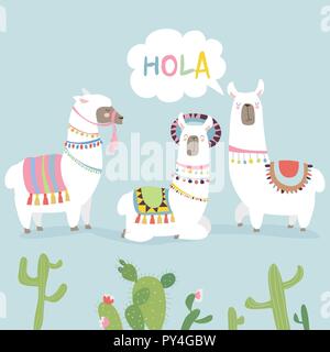 Glitter blanc mexicain alpaga lamas avec cactus Illustration de Vecteur