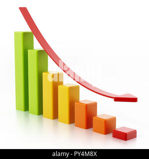 Stat bars et tomber flèche montrant une tendance à la baisse. 3D illustration.