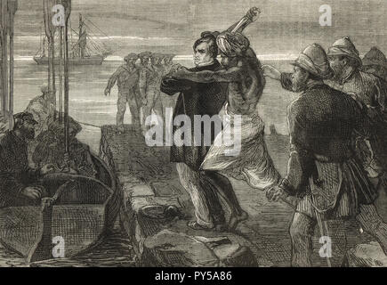 L'assassinat du comte de Mayo, vice-roi de l'Inde, tout en visitant la colonie pénitentiaire à Port Blair dans les îles Andaman, le 8 février 1872. Assassiné par Sher Ali Afridi Pathan Afridi un condamné. Banque D'Images