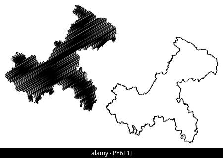 Chongqing (divisions administratives de Chine, Chine, République populaire de Chine, RÉPUBLIQUE POPULAIRE DE CHINE) map vector illustration gribouillage, croquis Chungking site Illustration de Vecteur