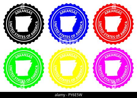 L'Arkansas - rubber stamp - vecteur, Arkansas (États-Unis d'Amérique) Carte - sticker - noir, bleu, vert, jaune, violet et rouge Illustration de Vecteur