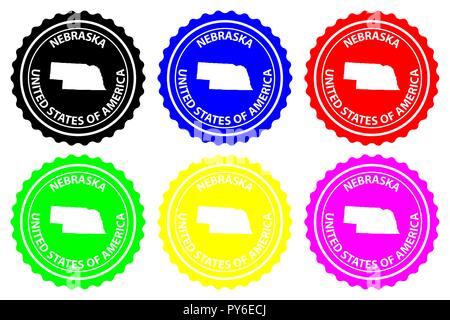 Nebraska - timbres en caoutchouc - vecteur, Nebraska (États-Unis d'Amérique) Carte - sticker - noir, bleu, vert, jaune, violet et rouge Illustration de Vecteur
