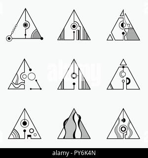 Collection de triangles, séparés par des lignes et des cercles. Ensemble d'éléments géométriques, isolé sur fond gris clair. Conception de la ligne. Sacré Résumé Illustration de Vecteur