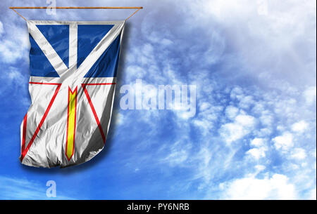 Drapeau de Terre-Neuve et du Labrador. Drapeau vertical, contre le ciel bleu avec place pour votre texte Banque D'Images