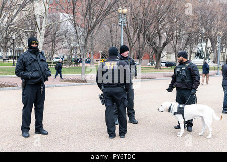 Washington DC, USA - 9 mars, 2018 : Beaucoup de gardes de sécurité de Service Secret permanent avec l'homme chien, K-9 unité, les gens de maison blanche en capitale pendant Banque D'Images