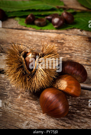 Châtaignes et marrons bur sur table en bois. Banque D'Images