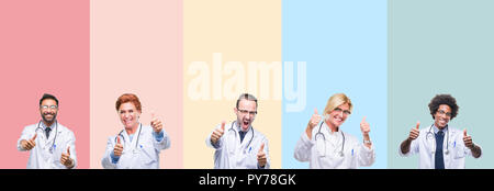 Collage des bandes colorées sur les médecins professionnels fond isolé d'approuver ce geste positif avec la main, les pouces jusqu'en souriant et heureux pour Banque D'Images