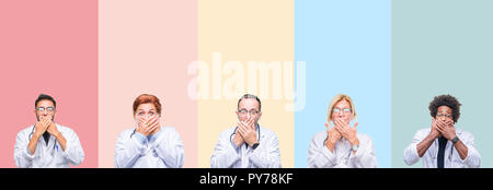 Collage des bandes colorées sur les médecins professionnels fond isolé choqué couvrant la bouche avec les mains pour l'erreur. Concept Secret. Banque D'Images