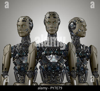 Groupe de robots ou cyborgs futuriste très détaillé. Trois humanoïdes et permanent à la recherche autour. Vue de face sur fond gris, 3D illustration Banque D'Images