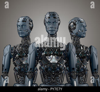 Groupe de robots ou cyborgs futuriste très détaillé. Trois humanoïdes et permanent à la recherche autour. Vue de face sur fond gris, 3D illustration Banque D'Images