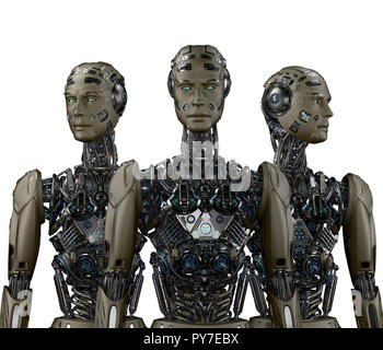Groupe de robots ou cyborgs futuriste très détaillé. Trois humanoïdes et permanent à la recherche autour. Vue de face sur fond blanc 3D illustration Banque D'Images