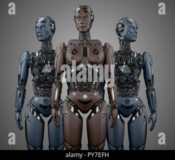 Groupe de robots ou cyborgs futuriste très détaillé. Trois humanoïdes et permanent à la recherche autour. Vue de face sur fond gris. 3D illustration Banque D'Images
