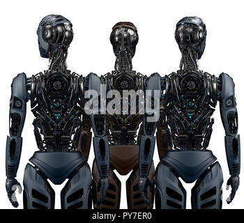 Groupe de robots ou cyborgs futuriste très détaillé. Trois humanoïdes et permanent à la recherche autour. Vue arrière sur fond blanc. 3D illustration Banque D'Images
