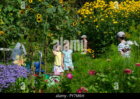 Deux filles marcher ensemble dans le jardin de la communauté de parler, Maine, États-Unis Banque D'Images