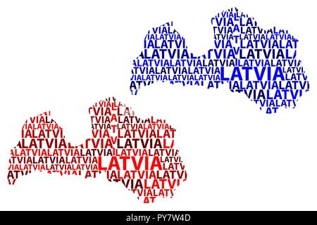 La Lettonie croquis texte lettre map, République de Lettonie - sous la forme du continent, la carte Lettonie - rouge et bleu vector illustration Illustration de Vecteur