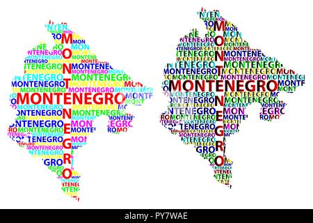 Sketch Monténégro carte texte de lettre, le Monténégro - sous la forme du continent, la carte Monténégro - vector illustration couleur Illustration de Vecteur