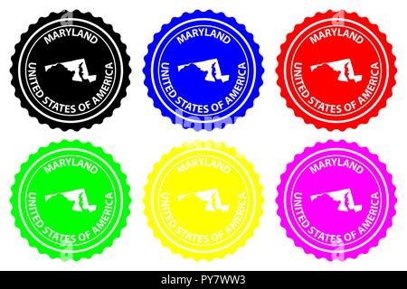 Maryland - timbres en caoutchouc - vecteur, Maryland (États-Unis d'Amérique) Carte - sticker - noir, bleu, vert, jaune, violet et rouge Illustration de Vecteur
