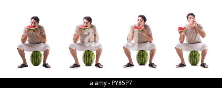 Jeune homme avec watermelon isolated on white Banque D'Images