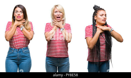 Collage des jeunes femmes portant des T-shirt à rayures sur fond isolé de crier et de suffoquer car étrangler douloureux. Problème de santé. L'asphyxier Banque D'Images