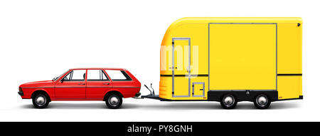 Illustration 3D de voiture rétro rouge et jaune camping-van isolé sur fond blanc Banque D'Images