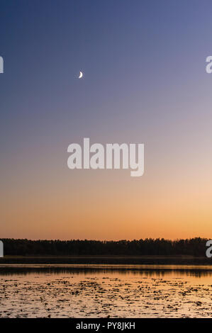 Lune qui brille au-dessus des eaux calmes du lac au crépuscule dans un cadre vertical Banque D'Images