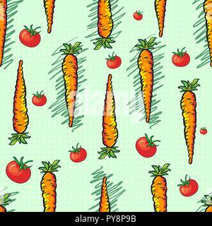 Les carottes et les tomates modèle transparente sur fond vert clair polkadot parfait pour le papier peint, texture, tissu, et imprimé. Illustration de Vecteur