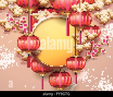 Papier peint traditionnel chinois avec des lanternes suspendues et nuages décorations Illustration de Vecteur