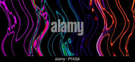 Néon lumineux multicolore lignes torsadées sur fond noir. Néon brillant fractal. Blurred motion. Abstract illustration psychédélique. Format large Banque D'Images