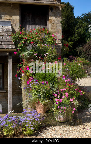 Urnes et pots de fleurs d'été sur les marches de pierre de Cotswold cottage Jardin Anglais,Angleterre,Europe Banque D'Images