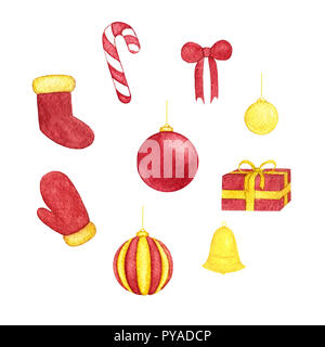 Jeu de noël peinte à la main de l'aquarelle des boules de couleurs rouge et jaune, Bell, bow, coffret-cadeau, des bonbons, et d'initialisation mitten isolé sur le fond blanc. Banque D'Images